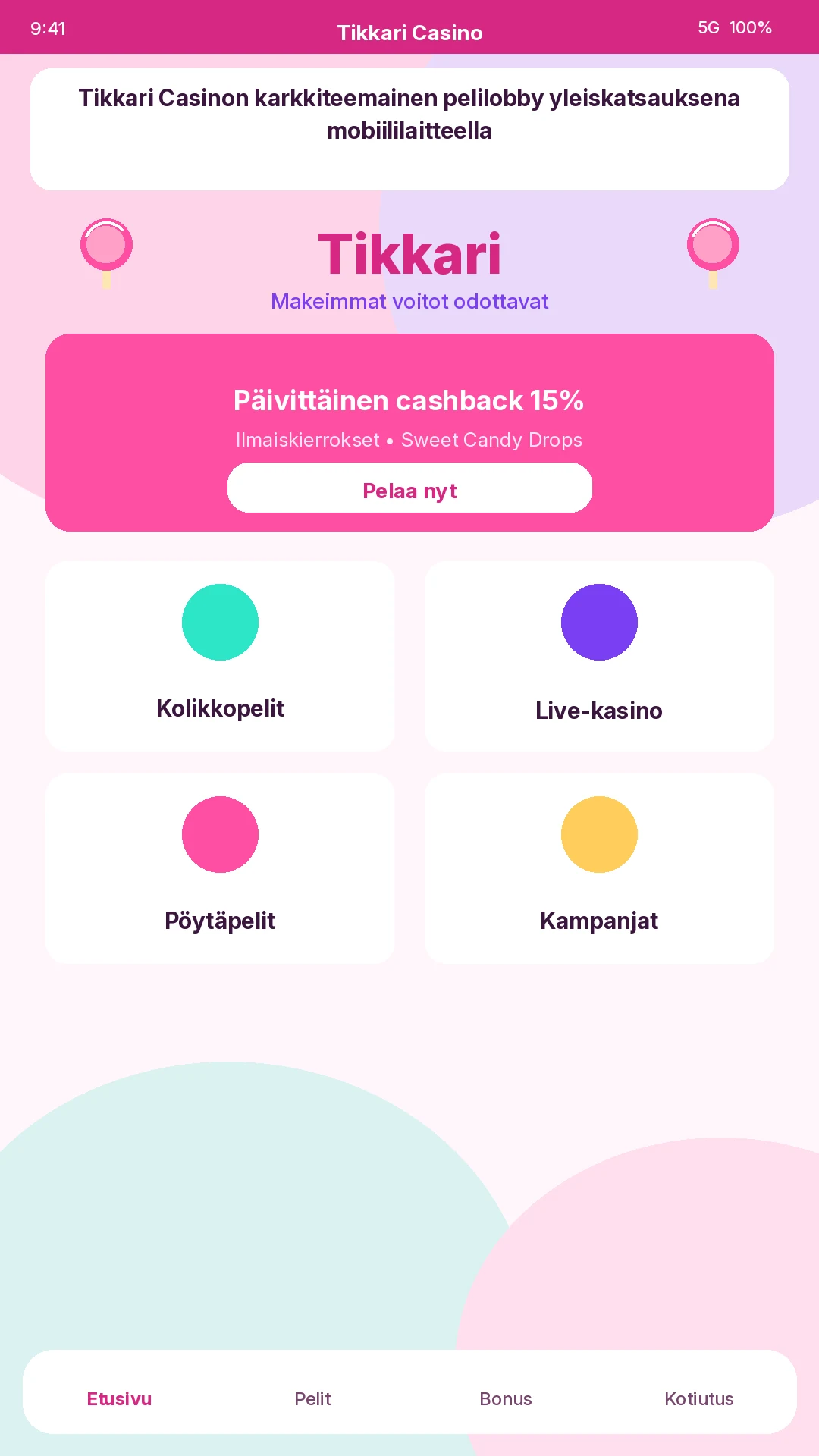 Tikkari Casinon karkkiteemainen pelilobby yleiskatsauksena mobiililaitteella ja työpöydällä